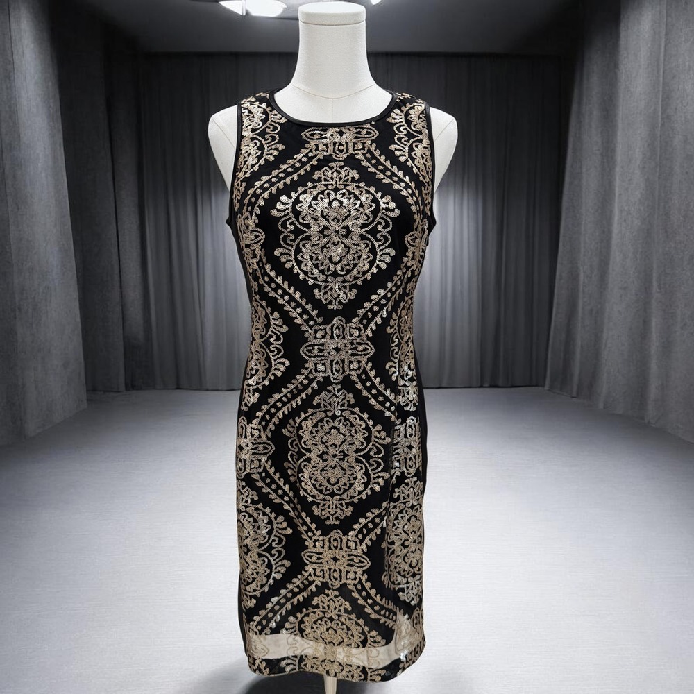 Donna Ricco New York Black Gold Sequin Sheath Cocktail Dress Petite 6P Form Gala